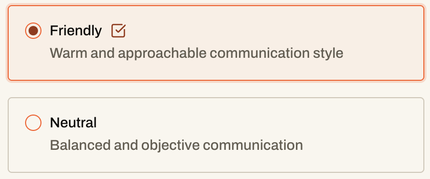 Agent Settings with Friendly tone selected: warm and approachable communication.